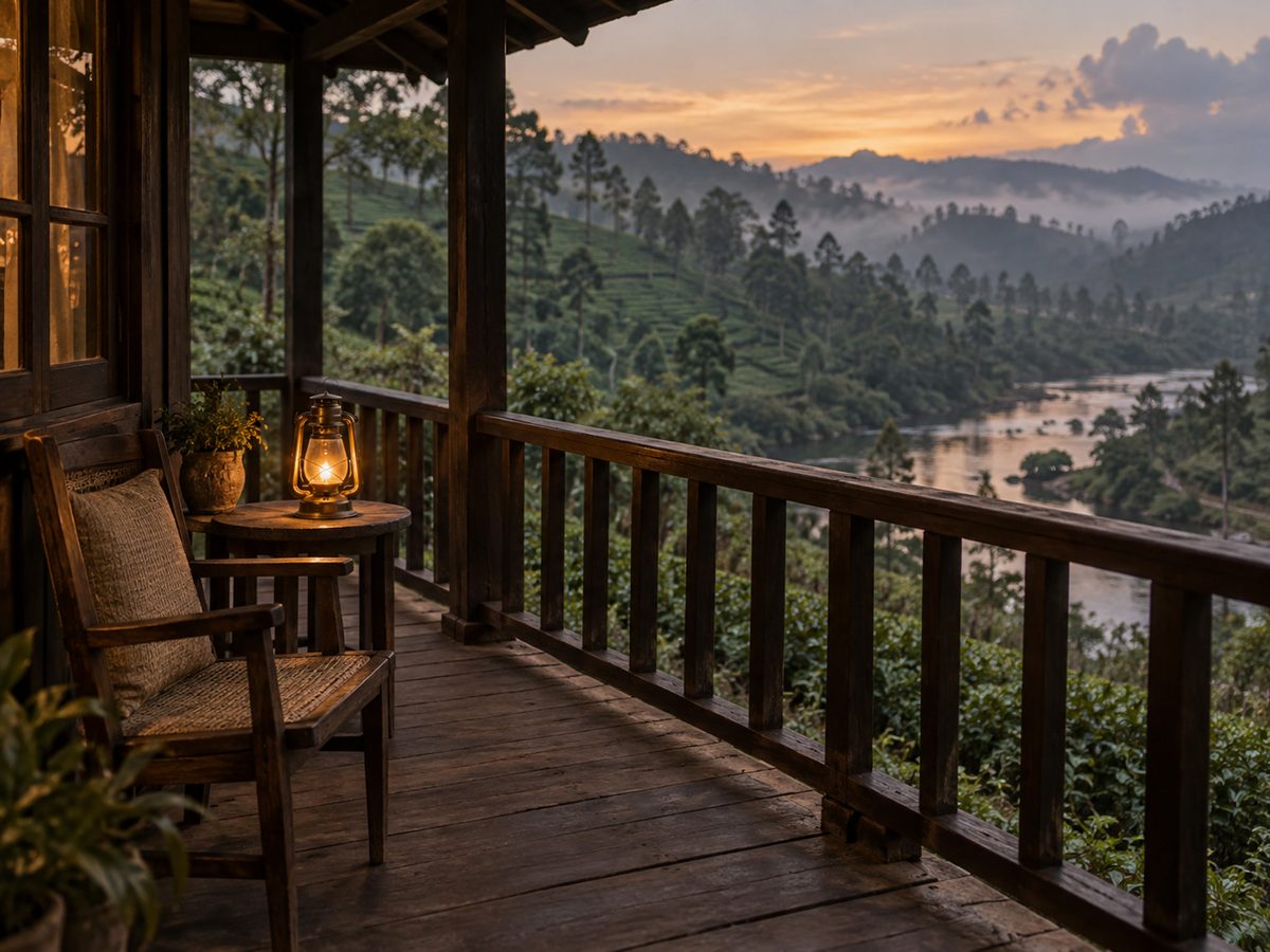 Timber verandah at dusk with a lantern, looking toward a river and tea slopes