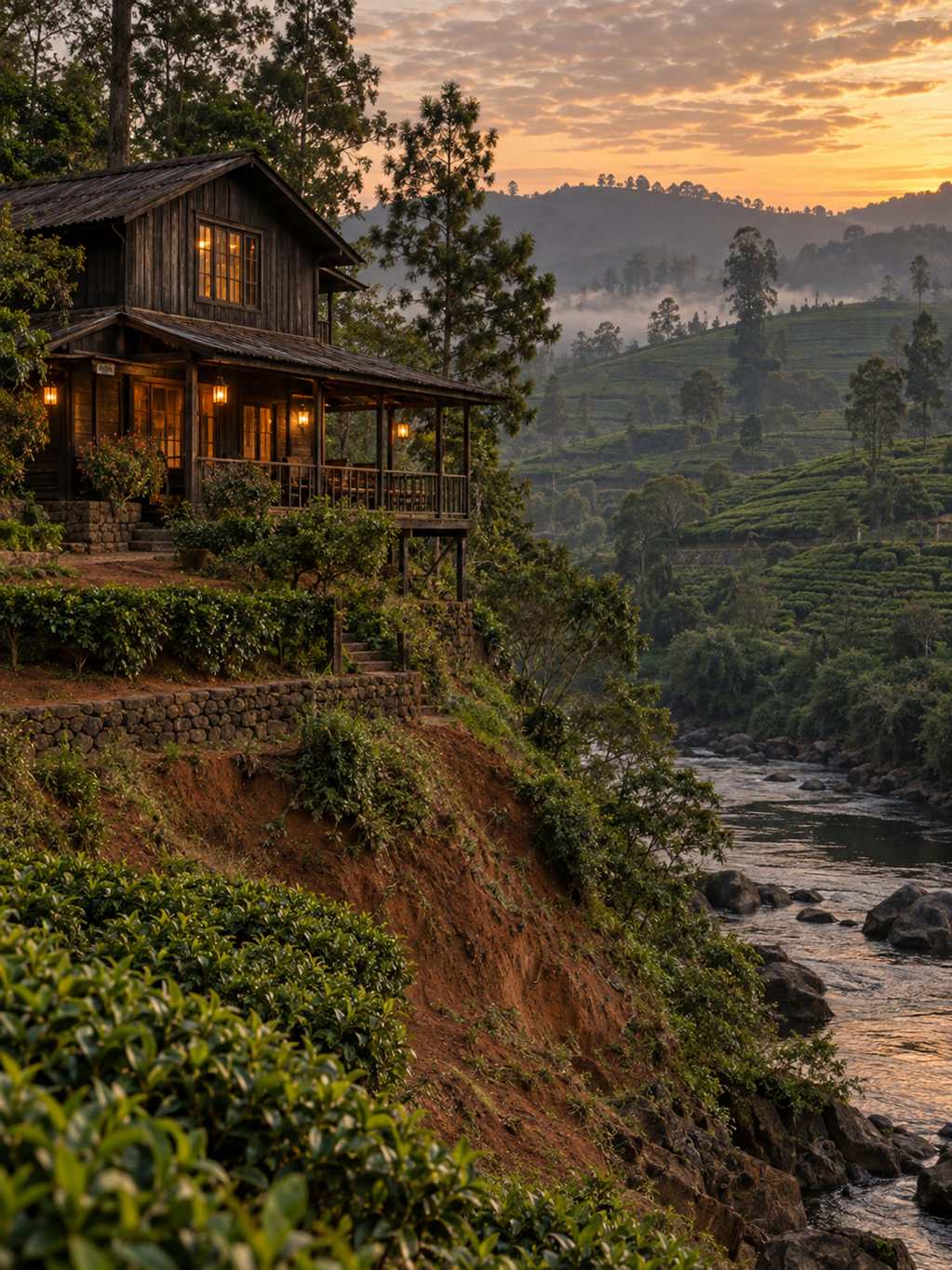 Timber hillside inn above a river, tea terraces beyond, late-afternoon Hatton light