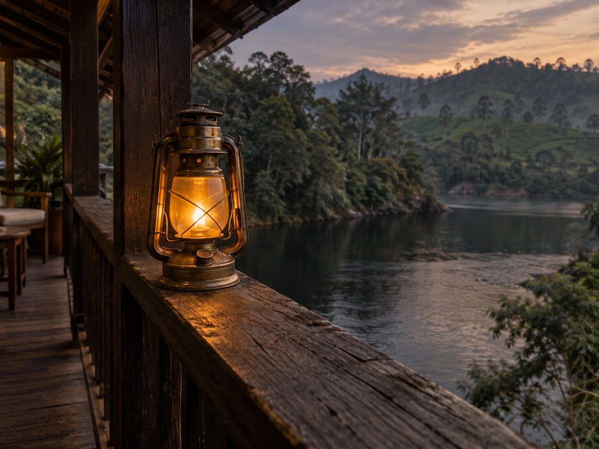 Verandah with a brass lantern and wooden railing looking toward dark water