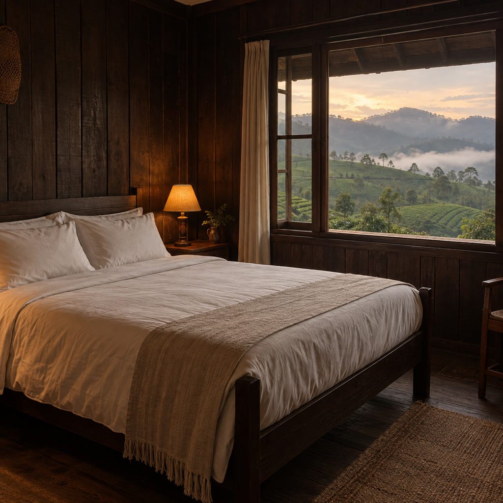 Simple bedroom with timber walls, white bedding, a window onto tea slopes