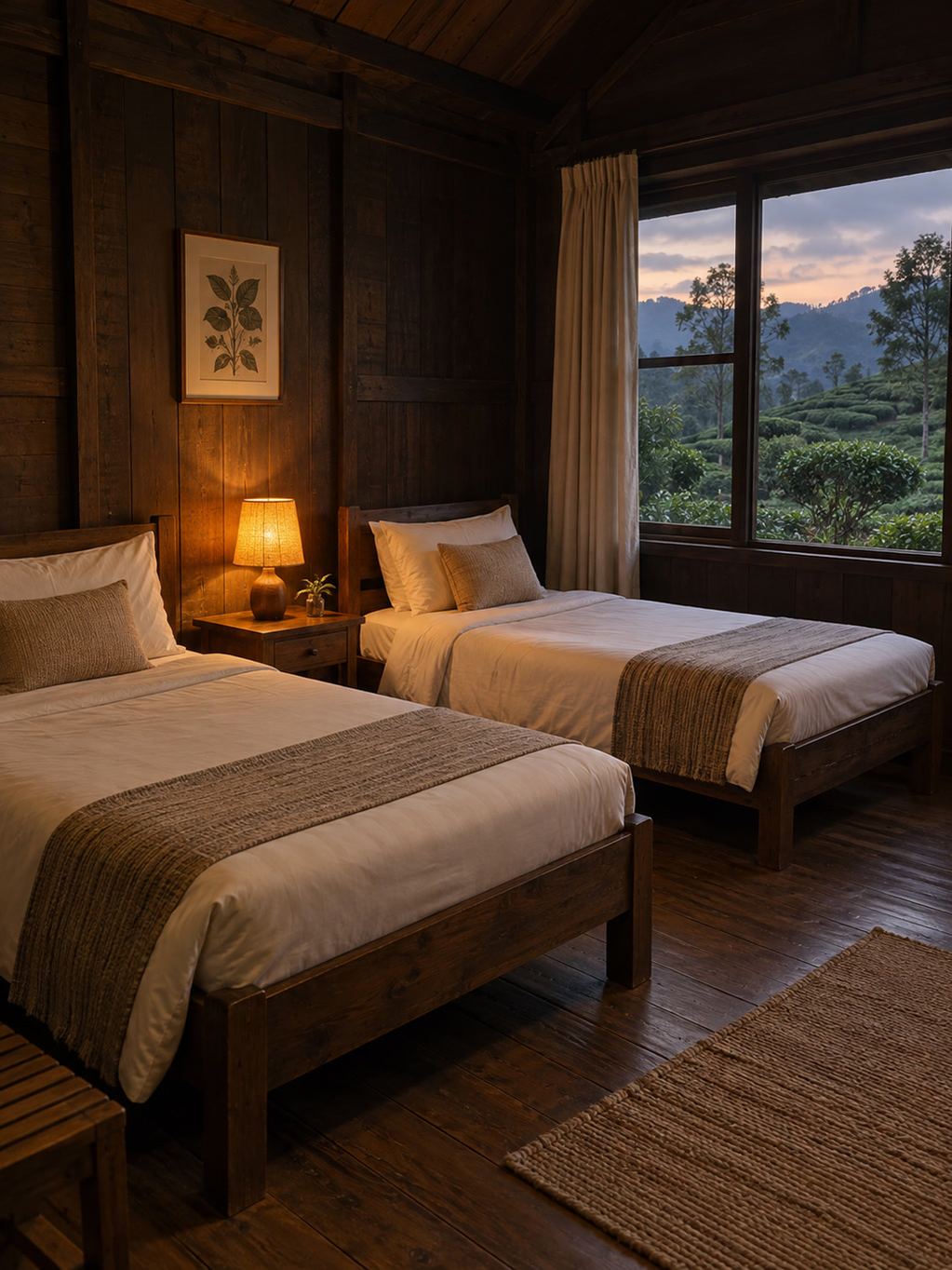 Family room with two beds and a garden-facing window, warm lamp light