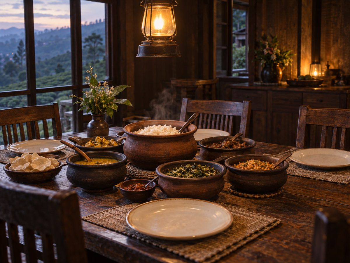 On-site dining table set for rice and curry, lantern overhead, no people