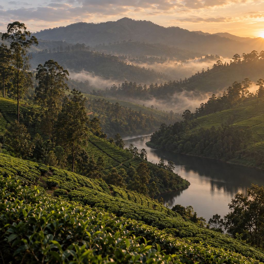 Tea terraces dropping toward a river bend at 5 pm, mist in the valleys