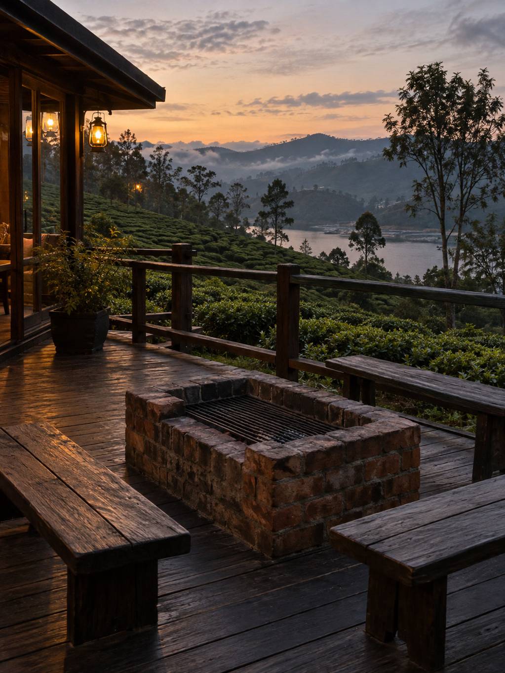 BBQ terrace with a low brick hearth and wooden benches, dusk