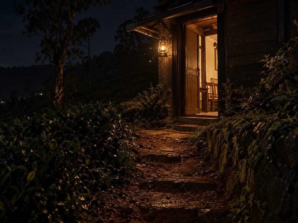 Night path of laterite up to a lit timber doorway, moths in the lamp glow